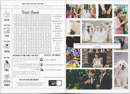 Photo collage spread with wedding photos and guest details